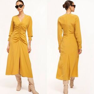 NWT EQUIPMENT ARYA MIDI SILK DRESS CHAI TEA RUCHED YELLOW